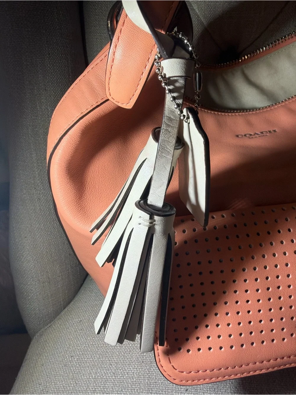 COACH Legacy Perforated Leather Courtenay Hobo 23704 SV/Coral w/Light Sand